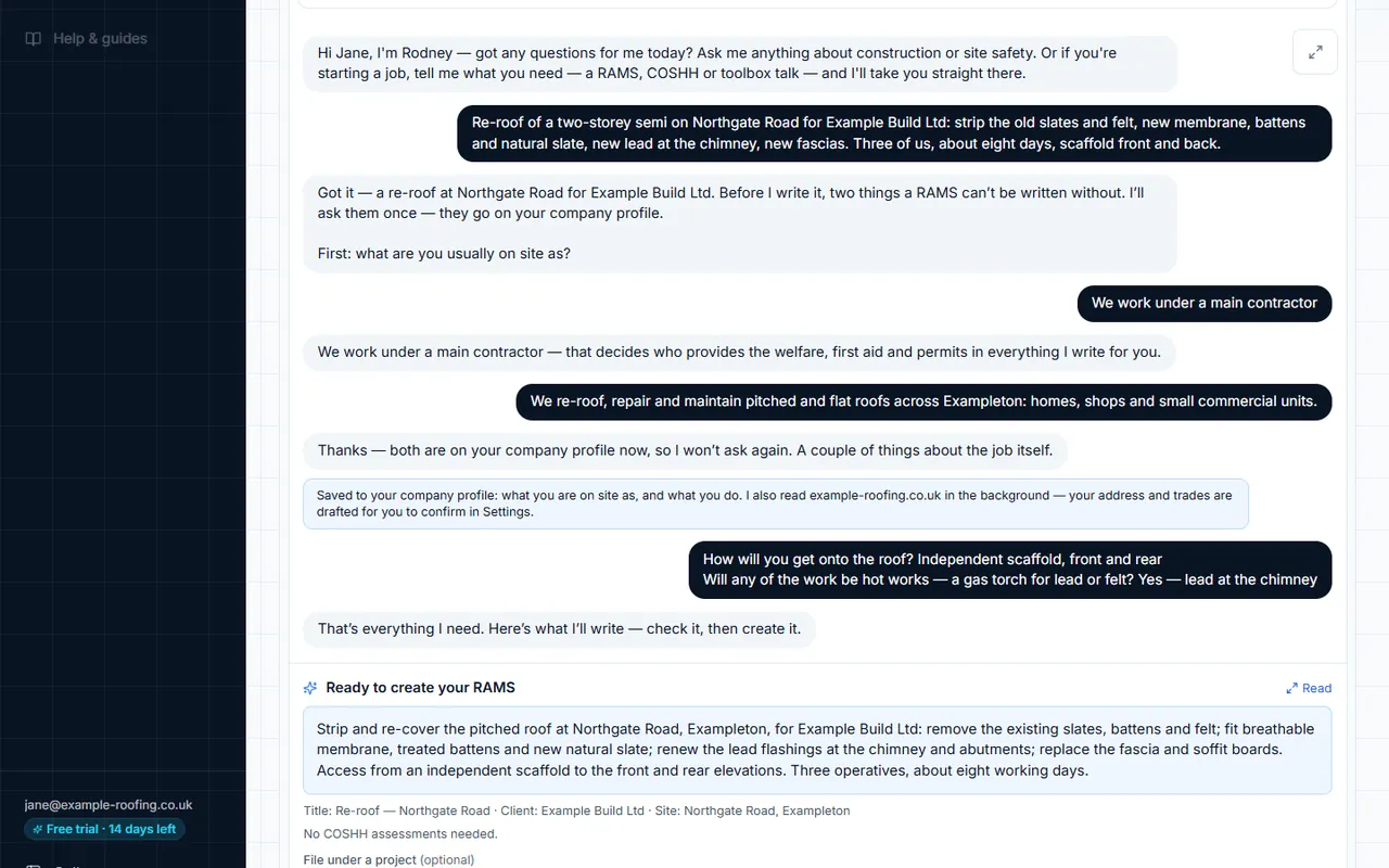 Check it, then create it: Rodney sets out what he will write, with the title, client and site already filled in.